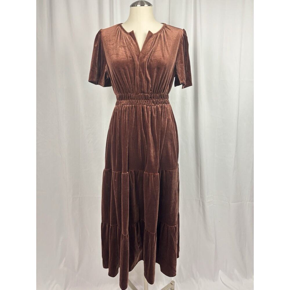 Women’s Velvet Tiered Short Sleeve Elastic Waist Maxi Dress Coffee Brown S